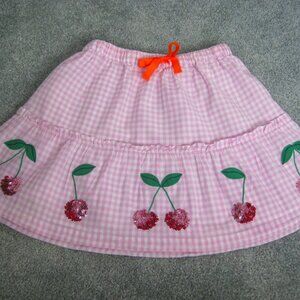 Mini Boden Girls 134cm 8-9 yr Pink White Gingham Skirt Lined Sequin Cherries